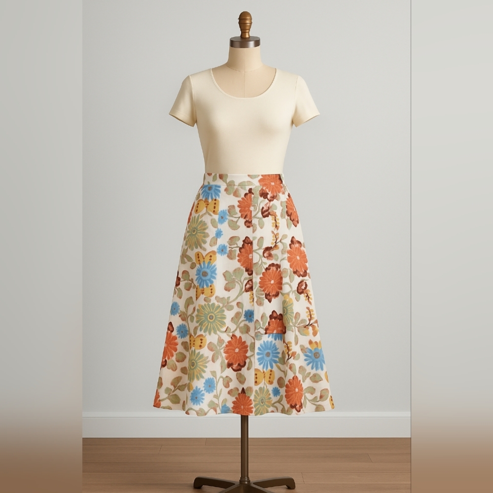 Bogner Cream A-Line Floral Midi Skirt with Flowers, Size 12 (42), NWOT